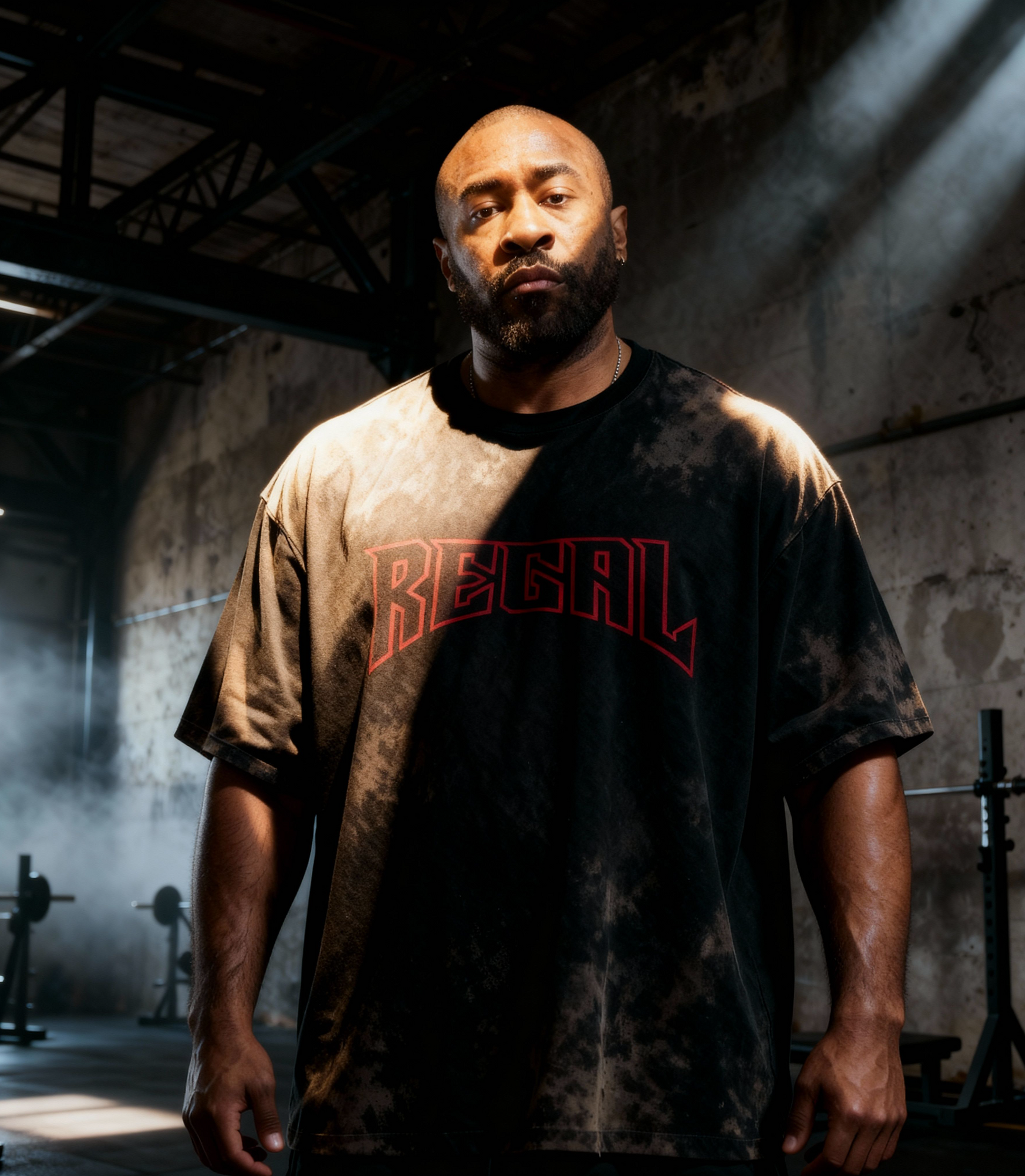 Man wearing a 'Regal' t-shirt in a dimly lit industrial setting
