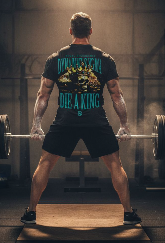 Man lifting weights in a gym wearing a black t-shirt with graphic design.