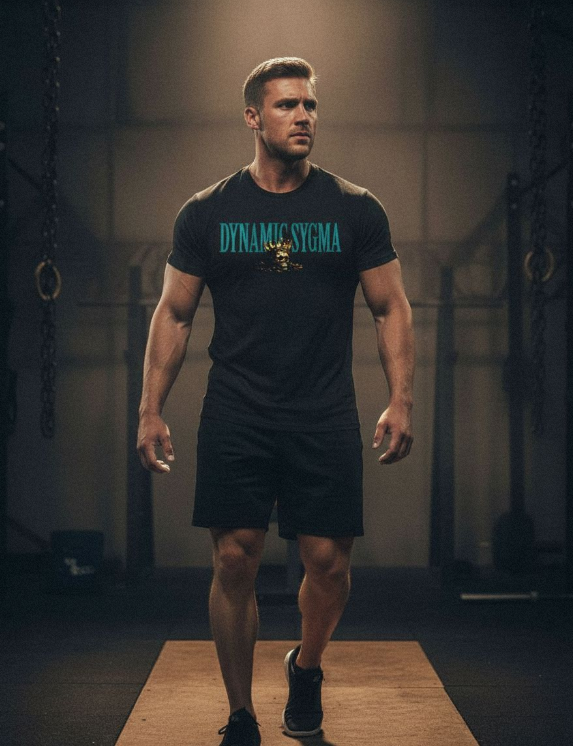 Man wearing a black 'Dynamic Sigma' t-shirt in a gym setting