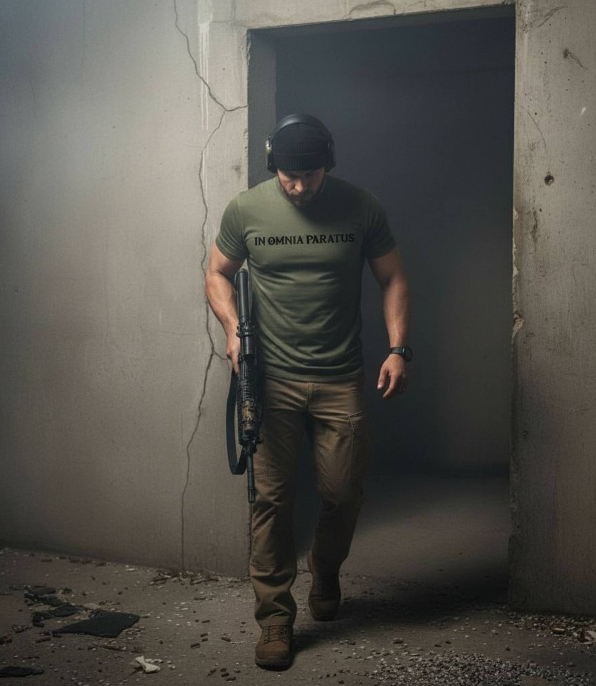 Person in tactical gear with a rifle walking through a dark, worn-out doorway.